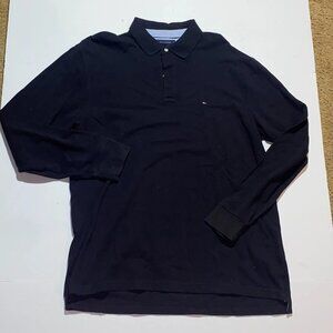 Tommy Hilfiger Polo Shirt Men's XL Navy Blue Logo Long Sleeve Slit Hem Classic